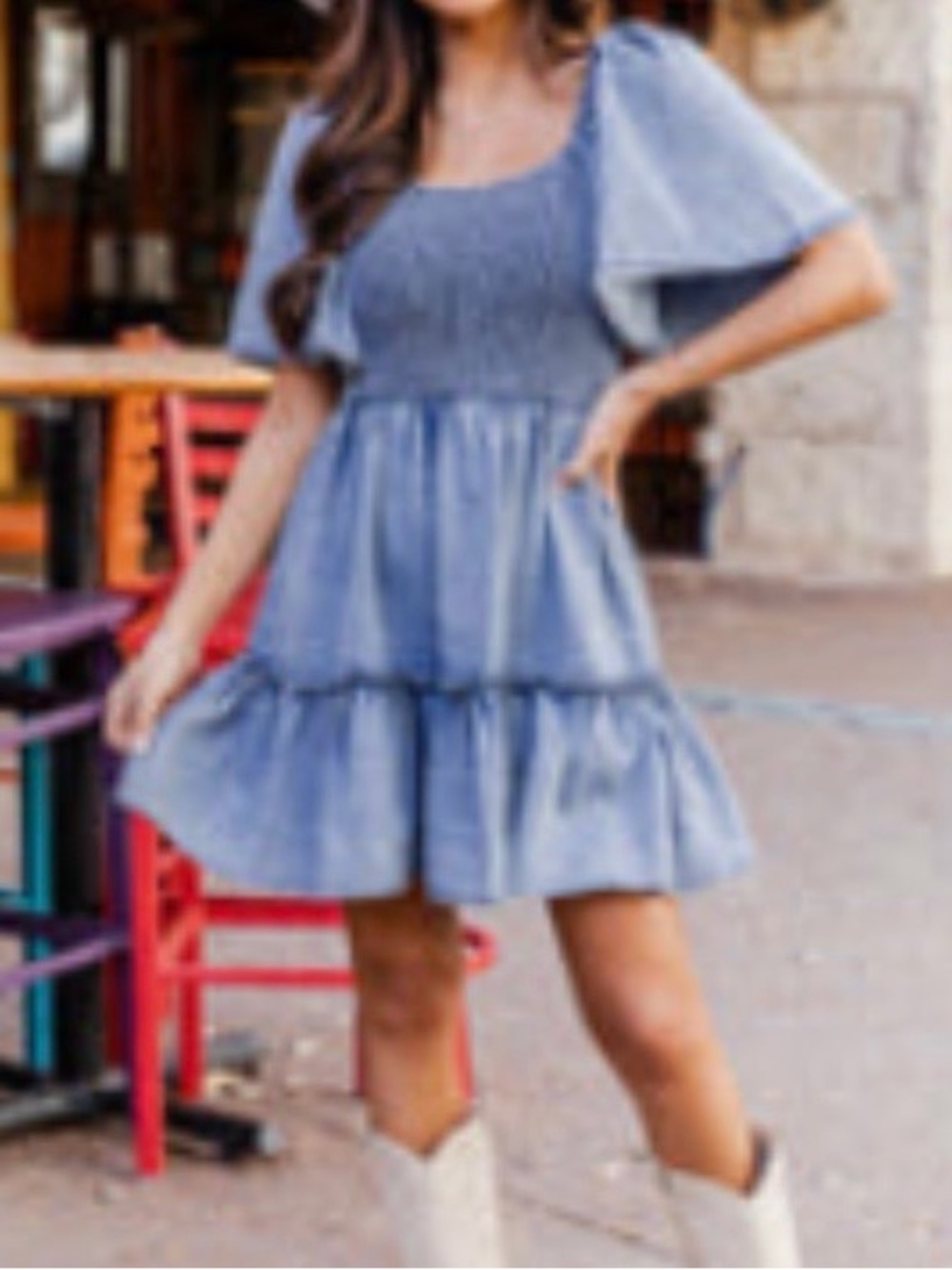 Pink Lily Chambray Smocked Mini Dress - Flutter Sleeve Tiered Western NWOT